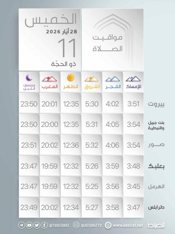 المواقيت ليوم الخميس 28 أيار 2026 الموافق ل 11 ذو الحجة 1447ه